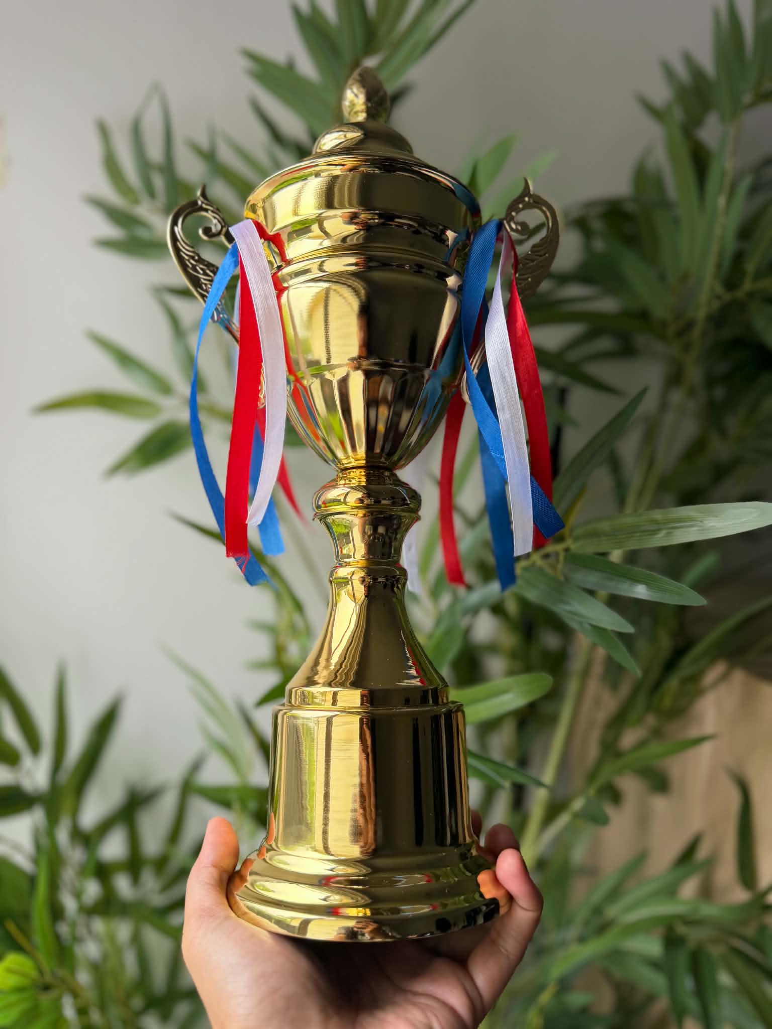 The MCFC monthly cup: a gold trophy with red, white and blue ribbons, held up in one hand